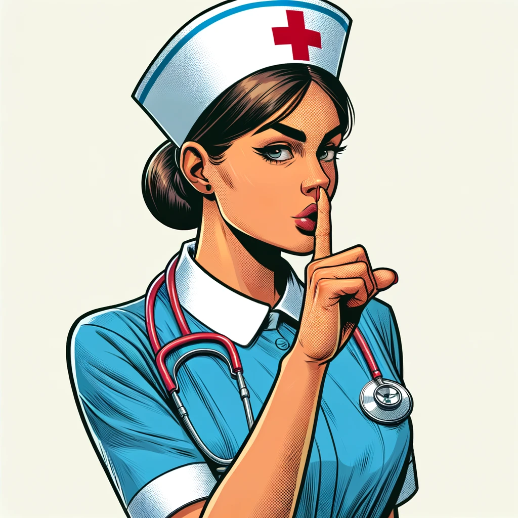Una-enfermera-en-primer-plano-pidiendo-silencio-estilo-de-comic-americano.-La-enfermera-lleva-un-uniforme-tradicional-de-enfermeria-con-gorro-blanco